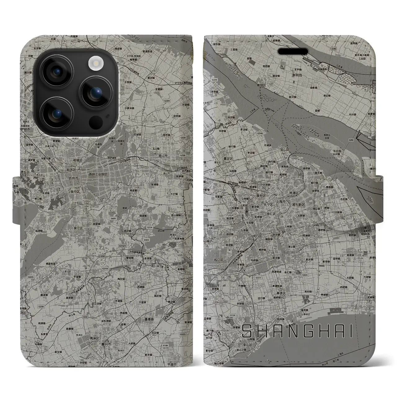 【上海2(中華人民共和国)】地図柄iPhoneケース(手帳タイプ)モノトーン・iPhone 16 用