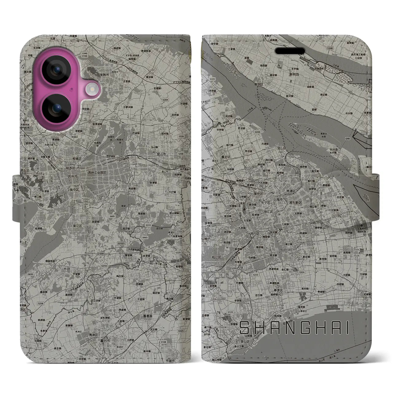 【上海2(中華人民共和国)】地図柄iPhoneケース(手帳タイプ)モノトーン・iPhone 16 Pro 用