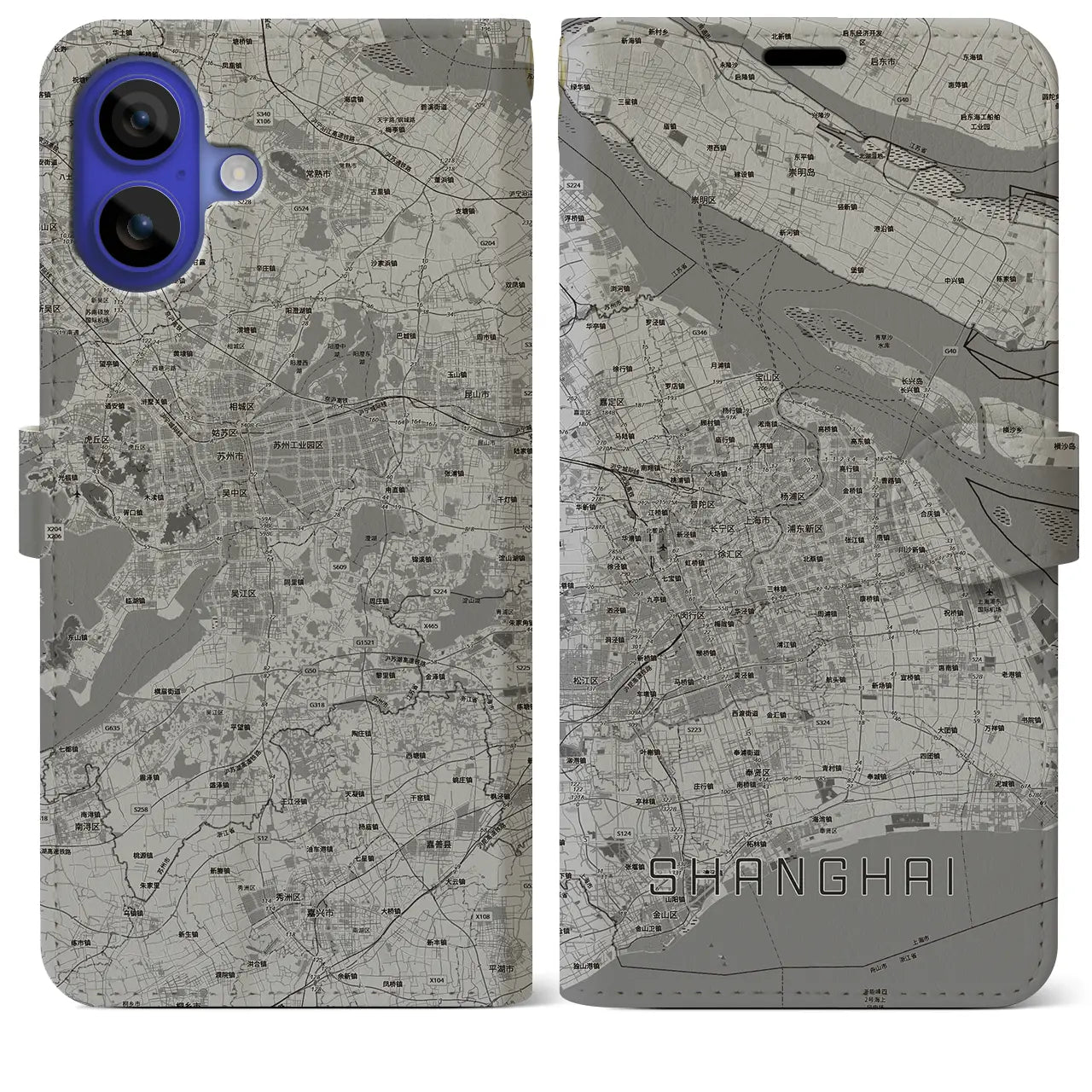 【上海2(中華人民共和国)】地図柄iPhoneケース(手帳タイプ)モノトーン・iPhone 16 Pro Max 用