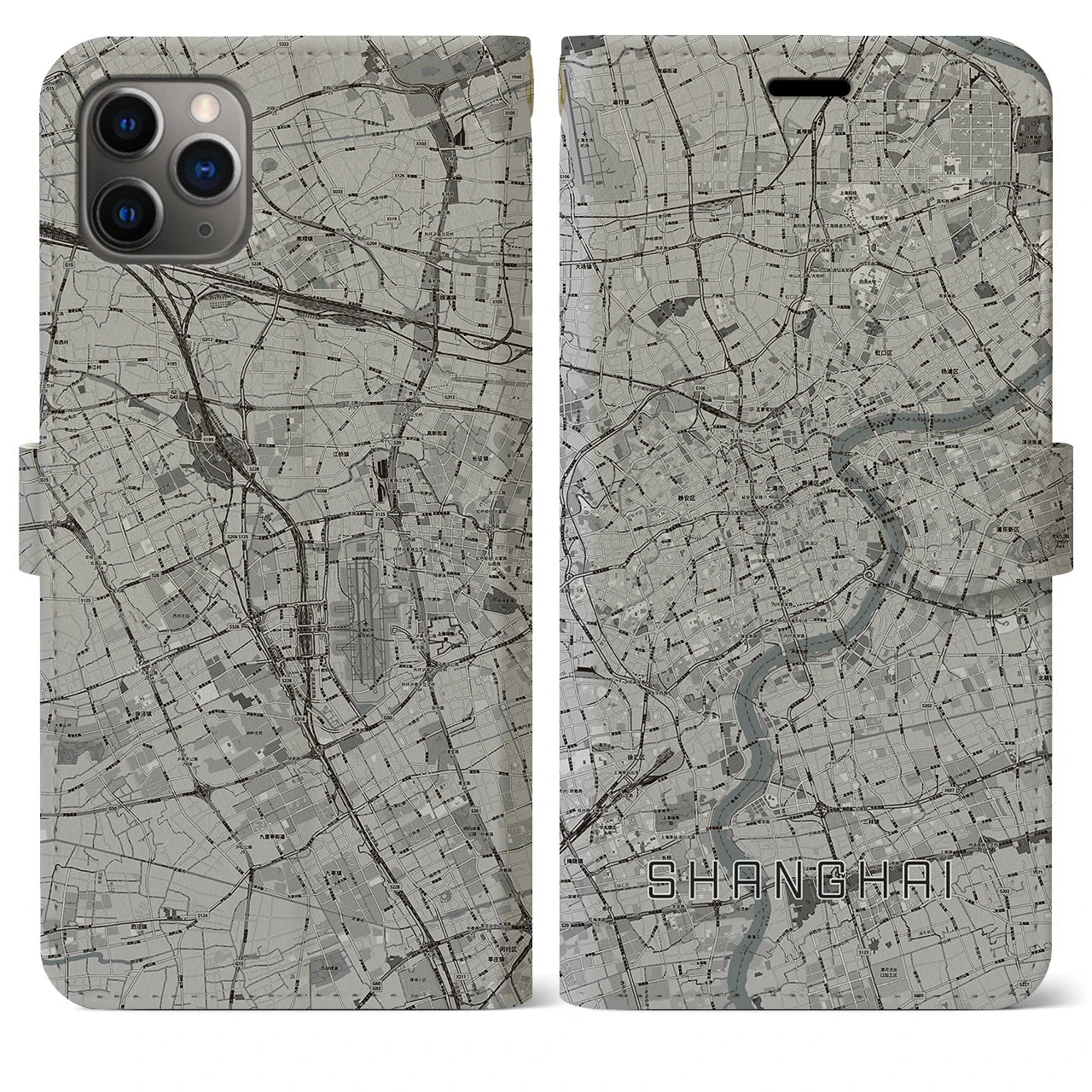 【上海(中華人民共和国)】地図柄iPhoneケース(手帳タイプ)モノトーン・iPhone 11 Pro Max 用