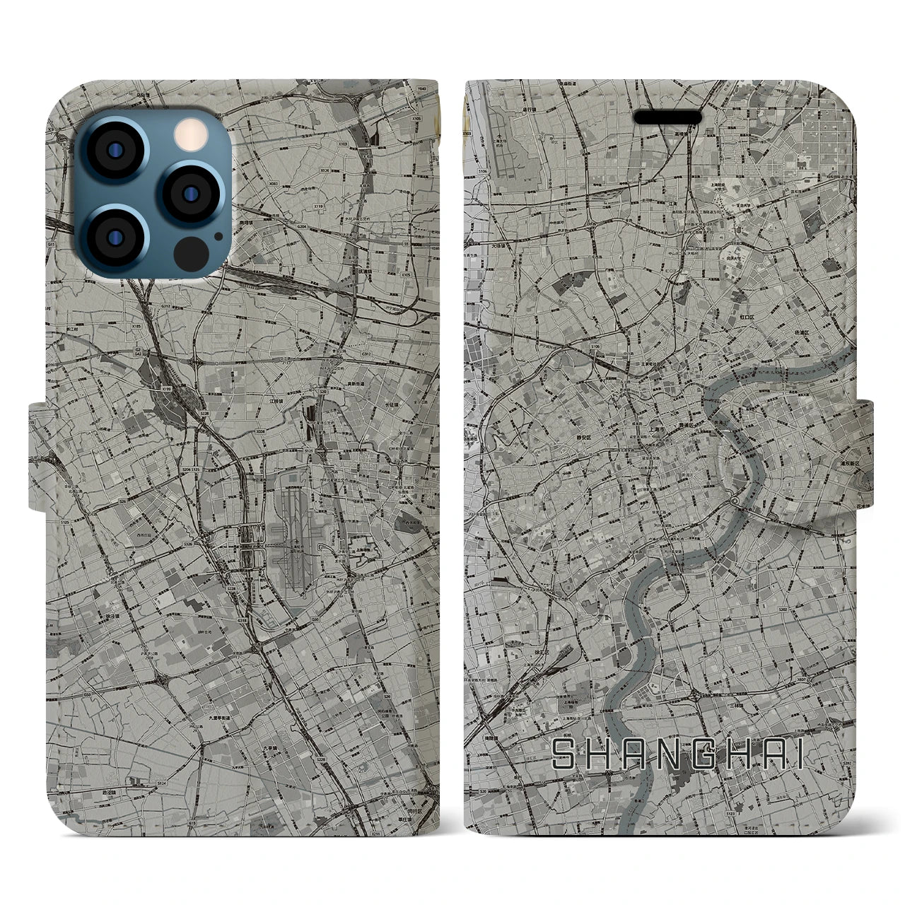 【上海(中華人民共和国)】地図柄iPhoneケース(手帳タイプ)モノトーン・iPhone 12 / 12 Pro 用