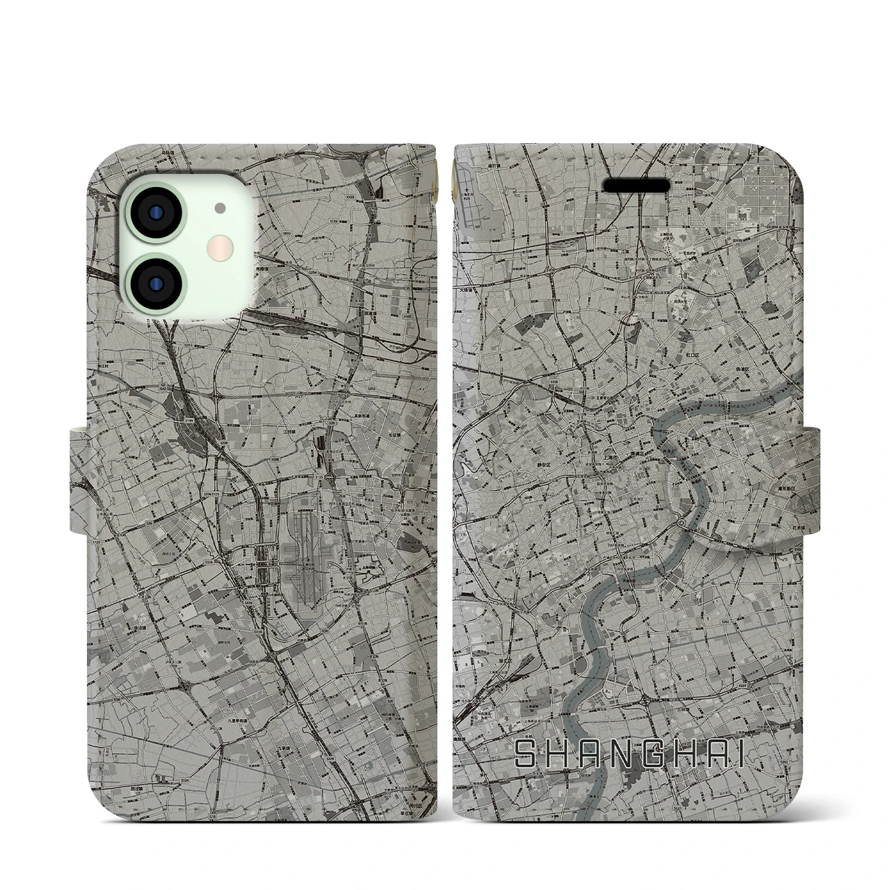 【上海(中華人民共和国)】地図柄iPhoneケース(手帳タイプ)モノトーン・iPhone 12 mini 用