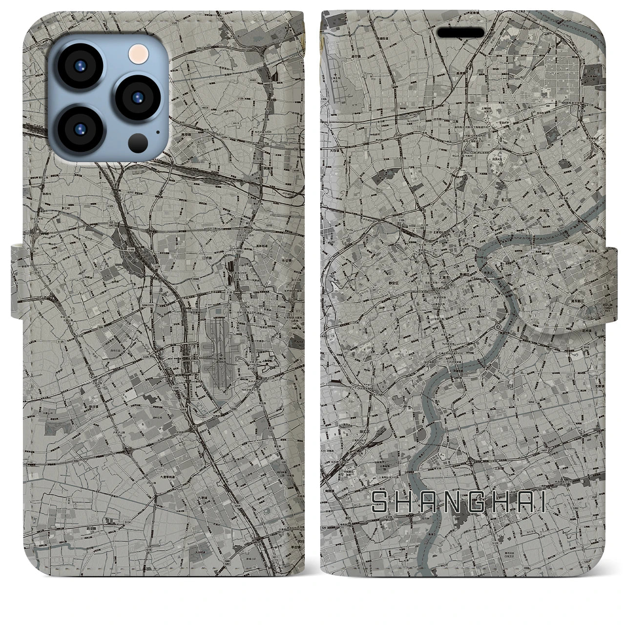 【上海(中華人民共和国)】地図柄iPhoneケース(手帳タイプ)モノトーン・iPhone 13 Pro Max 用