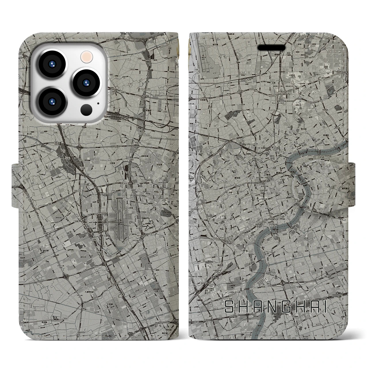 【上海(中華人民共和国)】地図柄iPhoneケース(手帳タイプ)モノトーン・iPhone 13 Pro 用