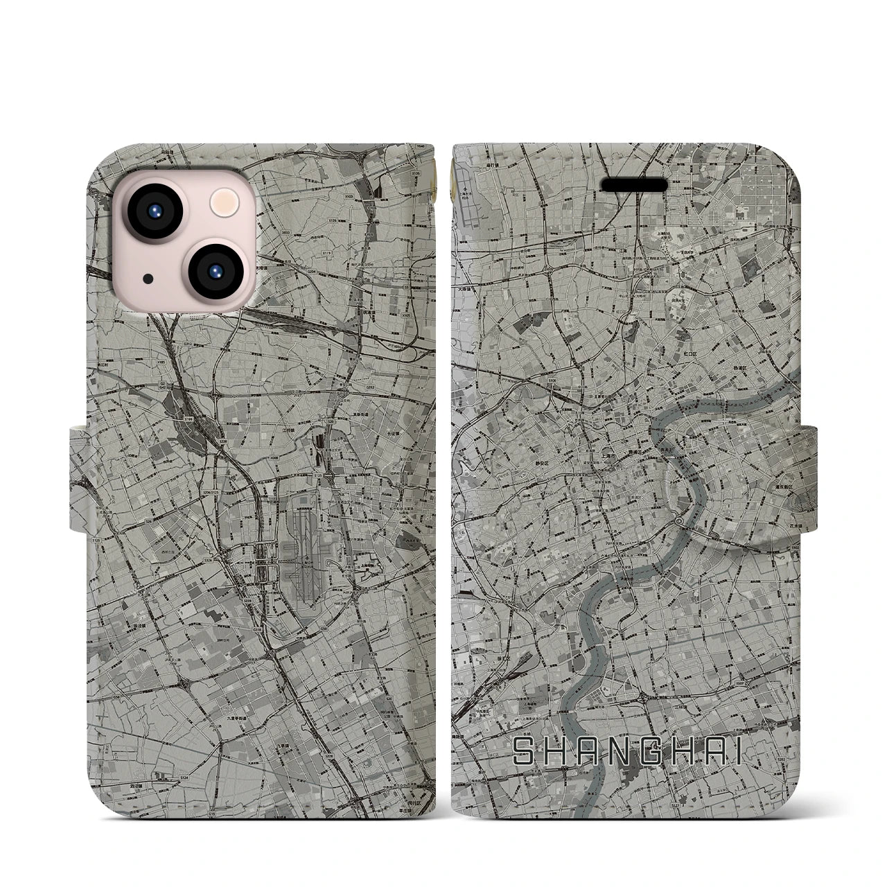 【上海(中華人民共和国)】地図柄iPhoneケース(手帳タイプ)モノトーン・iPhone 13 mini 用