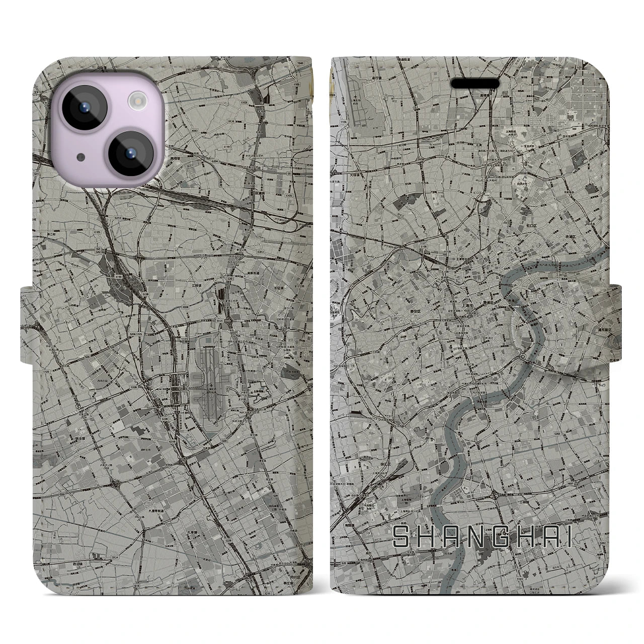 【上海(中華人民共和国)】地図柄iPhoneケース(手帳タイプ)モノトーン・iPhone 14 用