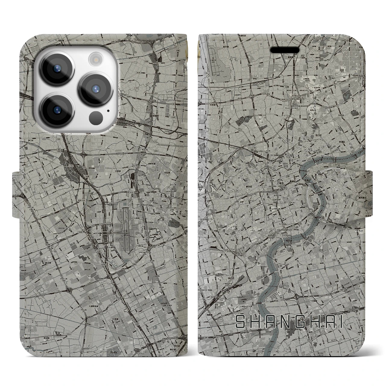 【上海(中華人民共和国)】地図柄iPhoneケース(手帳タイプ)モノトーン・iPhone 14 Pro 用