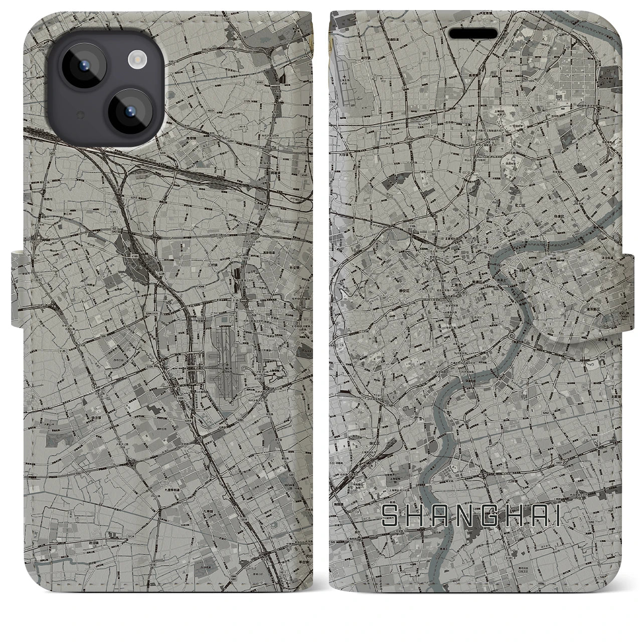 【上海(中華人民共和国)】地図柄iPhoneケース(手帳タイプ)モノトーン・iPhone 14 Plus 用