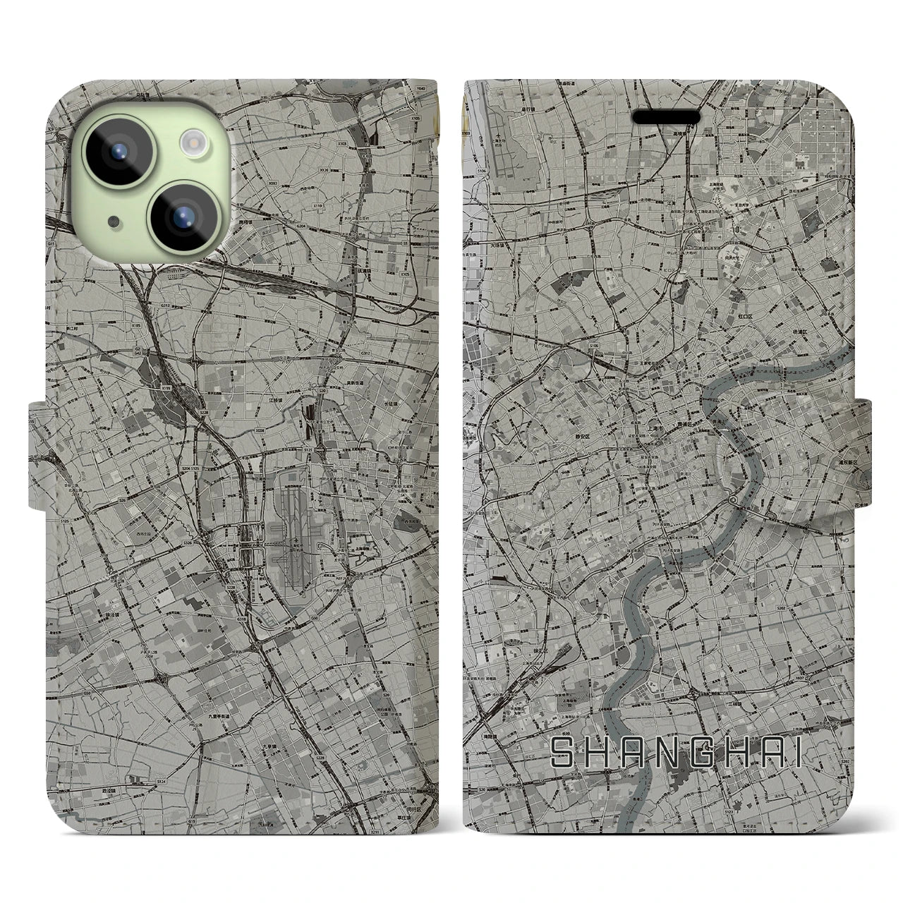 【上海(中華人民共和国)】地図柄iPhoneケース(手帳タイプ)モノトーン・iPhone 15 用