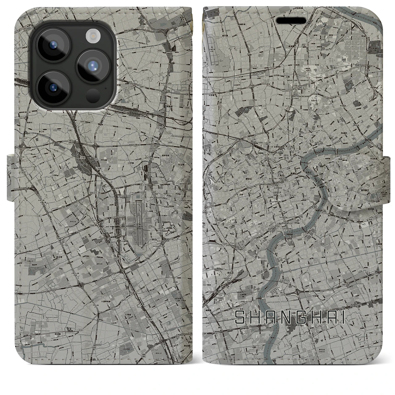 【上海(中華人民共和国)】地図柄iPhoneケース(手帳タイプ)モノトーン・iPhone 15 Pro Max 用