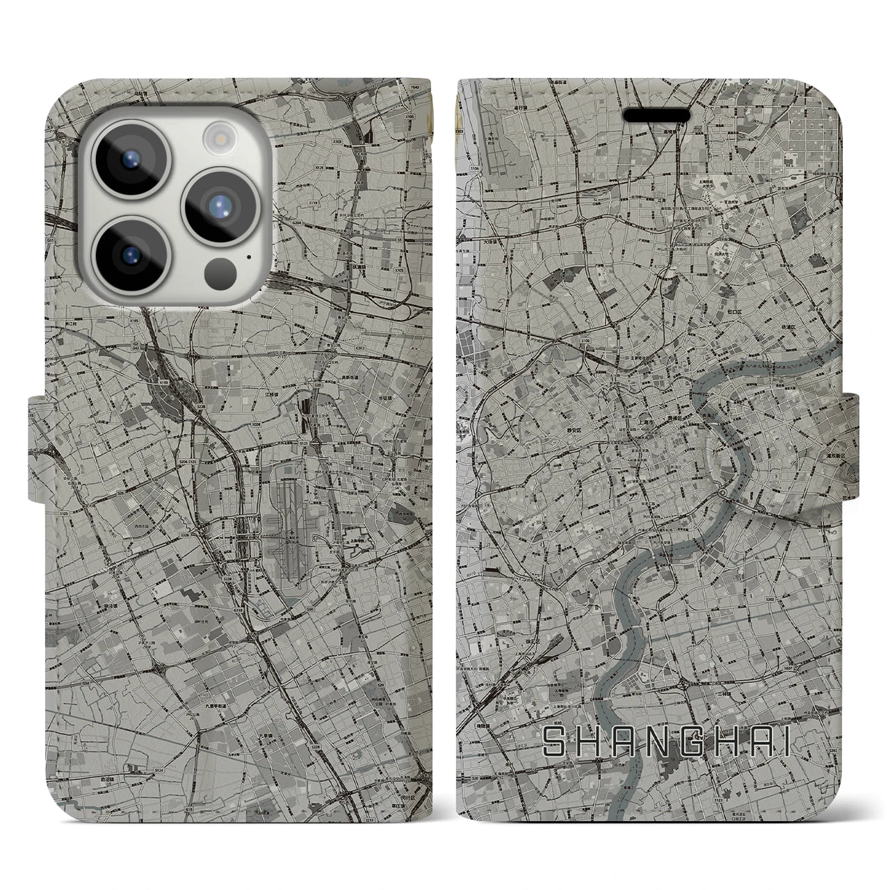 【上海(中華人民共和国)】地図柄iPhoneケース(手帳タイプ)モノトーン・iPhone 15 Pro 用