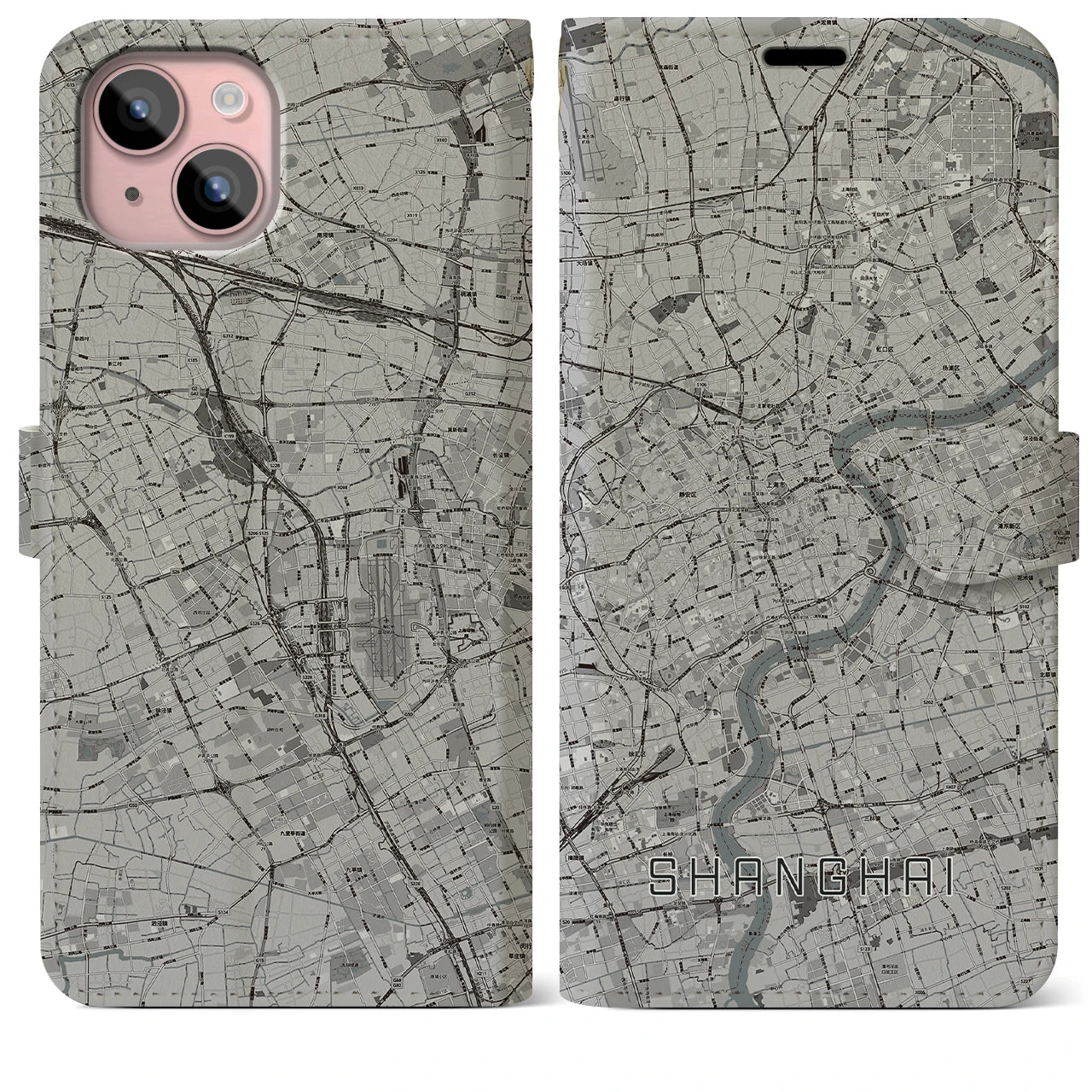 【上海(中華人民共和国)】地図柄iPhoneケース(手帳タイプ)モノトーン・iPhone 15 Plus 用