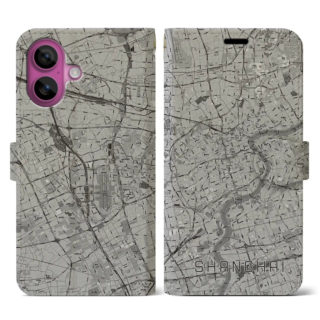 【上海(中華人民共和国)】地図柄iPhoneケース(手帳タイプ)モノトーン・iPhone 16 Pro 用