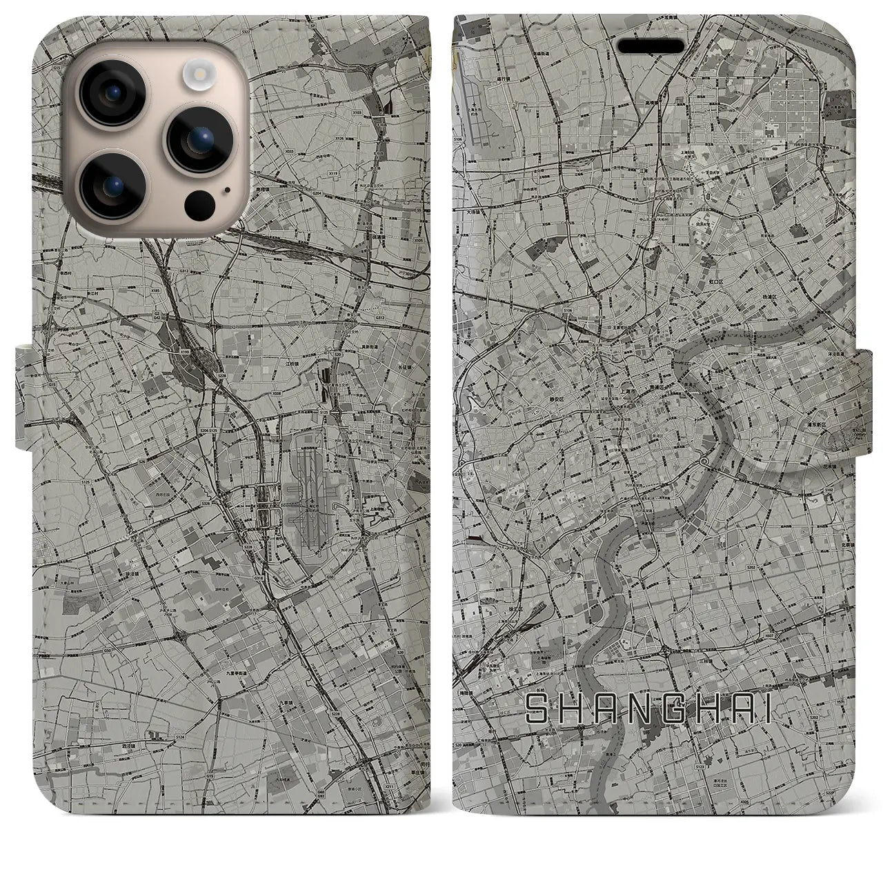 【上海(中華人民共和国)】地図柄iPhoneケース(手帳タイプ)モノトーン・iPhone 16 Plus 用