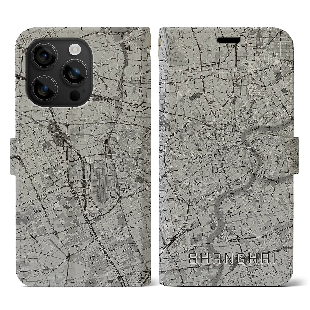 【上海(中華人民共和国)】地図柄iPhoneケース(手帳タイプ)モノトーン・iPhone 16 用