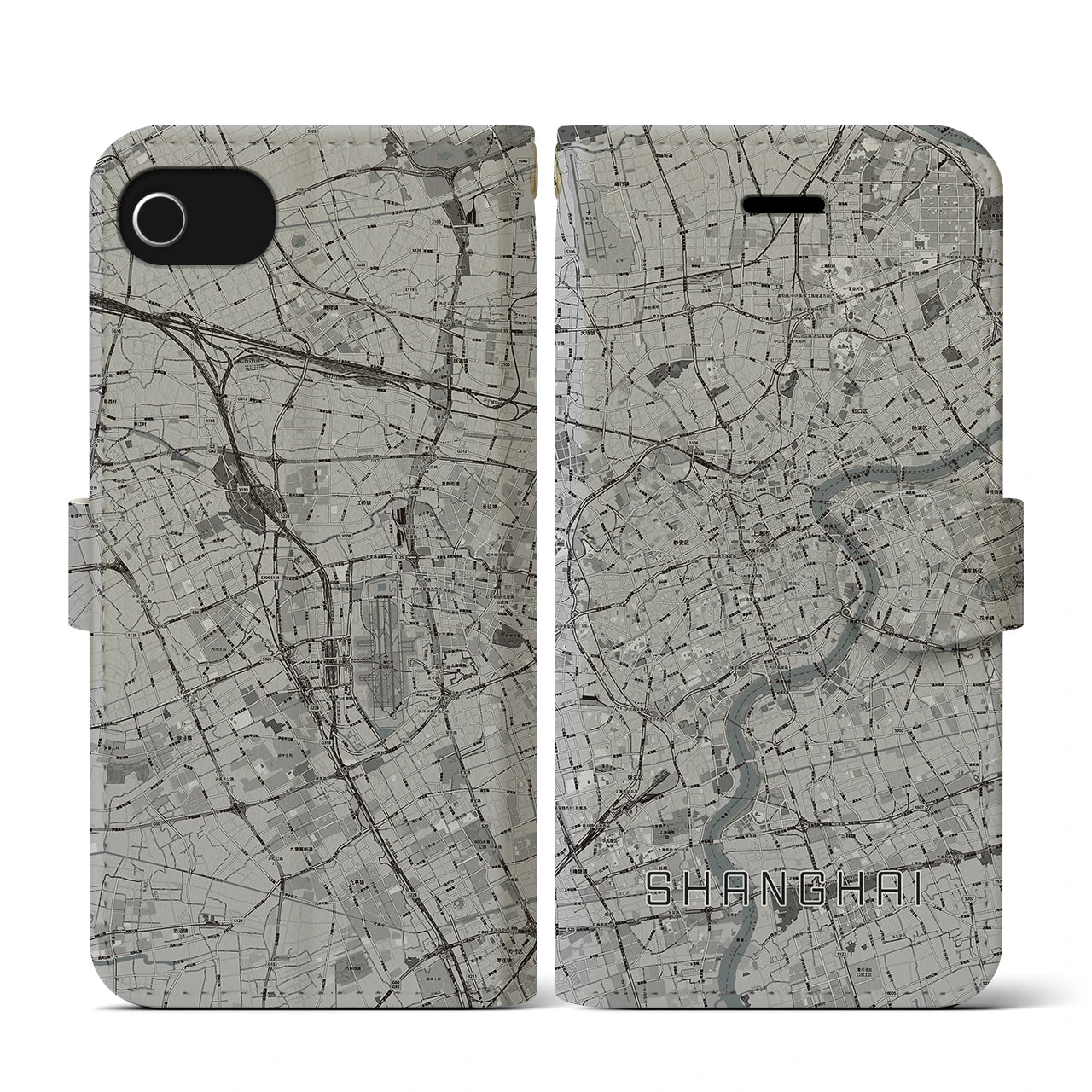 【上海(中華人民共和国)】地図柄iPhoneケース(手帳タイプ)モノトーン・iPhone SE(第3 / 第2世代) / 8 / 7 / 6s / 6 用