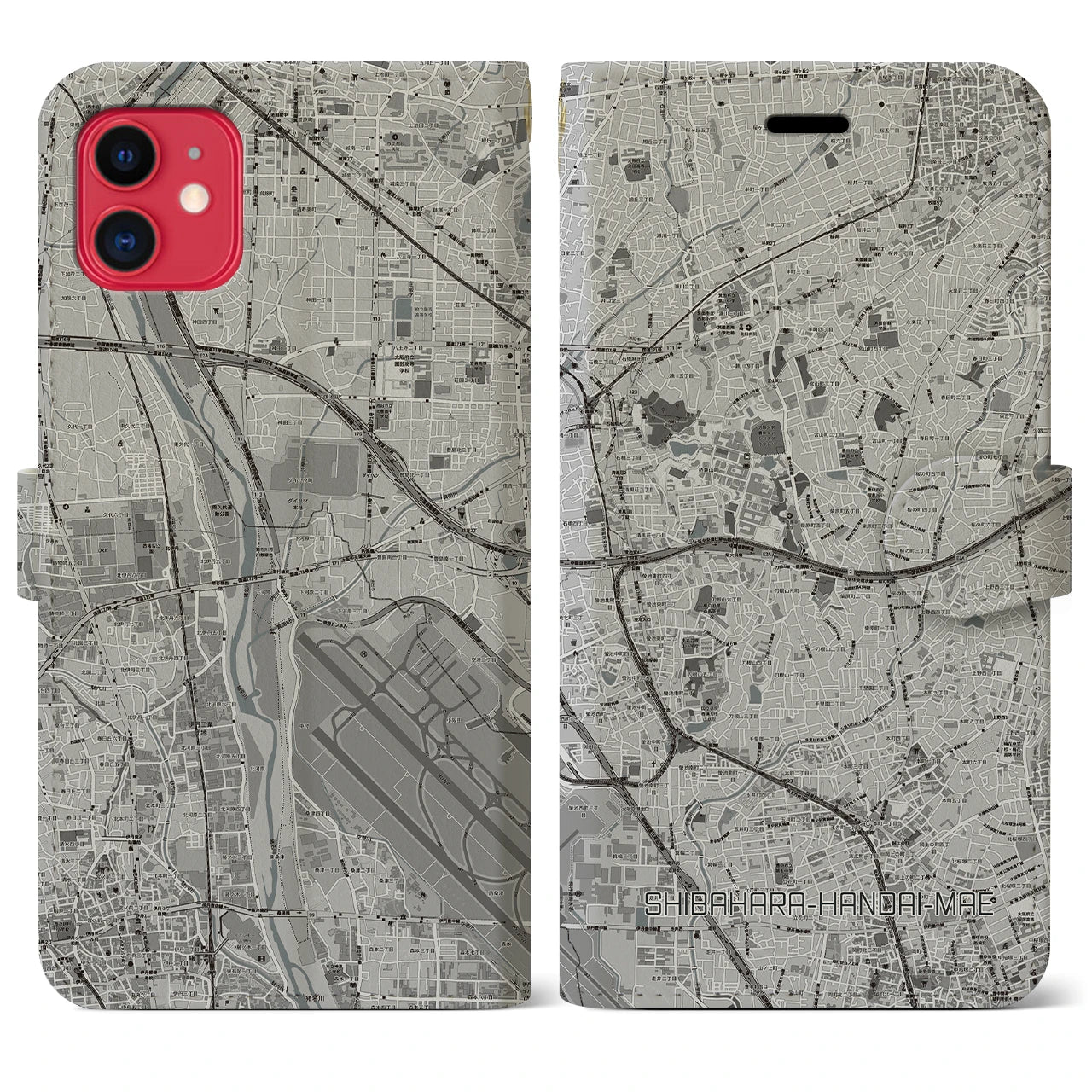 【柴原阪大前(大阪府)】地図柄iPhoneケース(手帳タイプ)モノトーン・iPhone 11 用