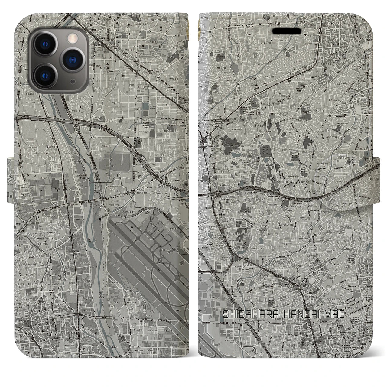 【柴原阪大前(大阪府)】地図柄iPhoneケース(手帳タイプ)モノトーン・iPhone 11 Pro Max 用
