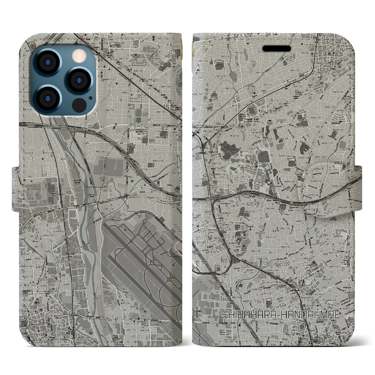【柴原阪大前(大阪府)】地図柄iPhoneケース(手帳タイプ)モノトーン・iPhone 12 / 12 Pro 用