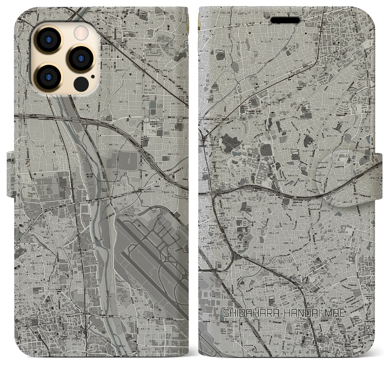 【柴原阪大前(大阪府)】地図柄iPhoneケース(手帳タイプ)モノトーン・iPhone 12 Pro Max 用