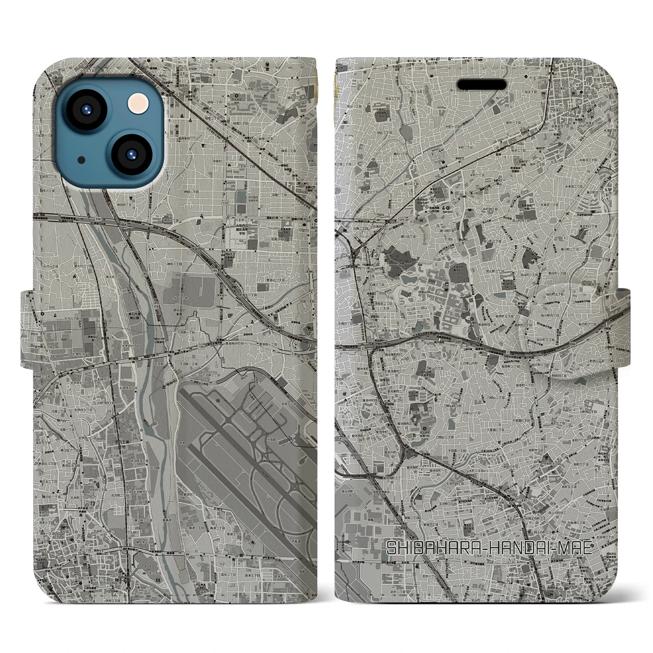 【柴原阪大前(大阪府)】地図柄iPhoneケース(手帳タイプ)モノトーン・iPhone 13 用