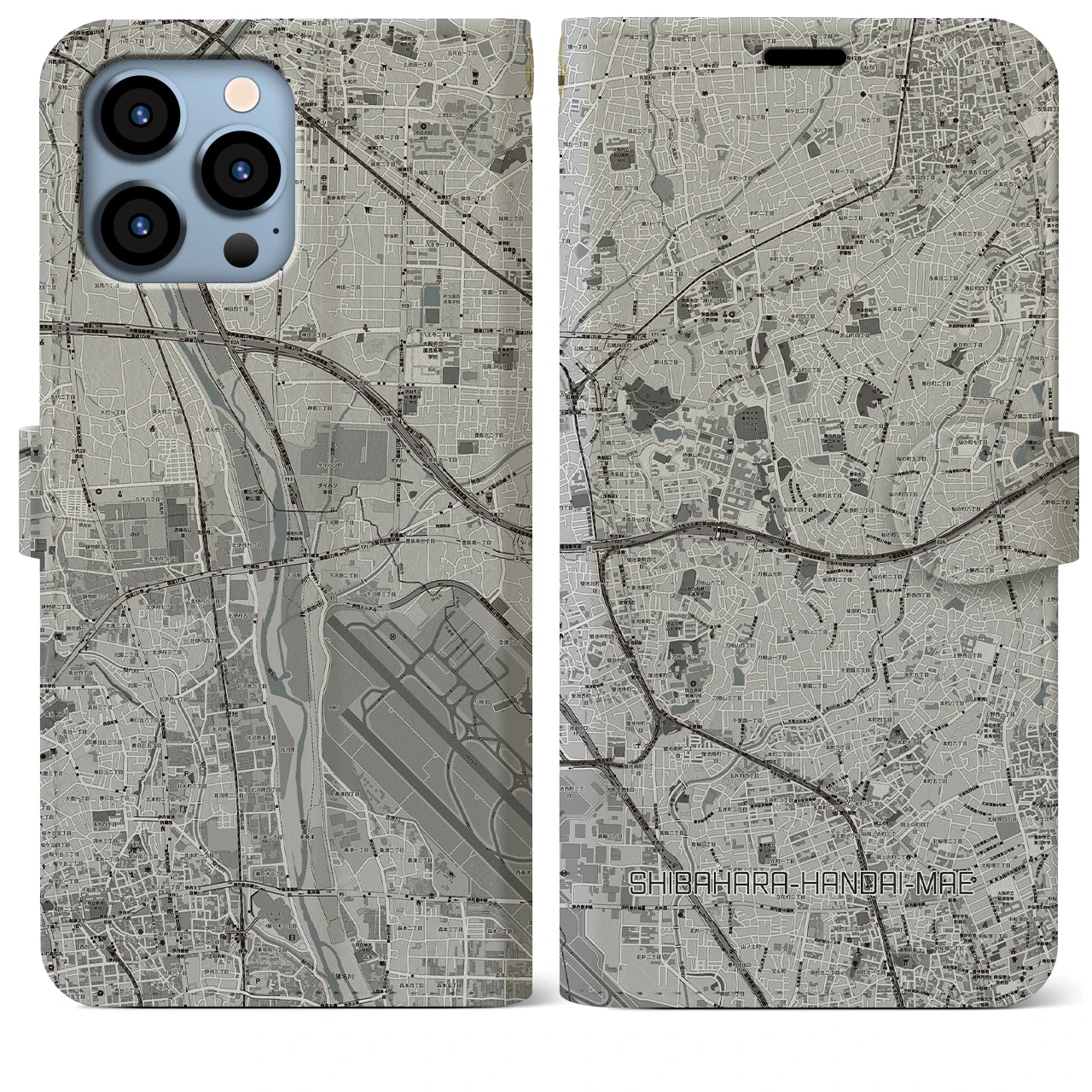 【柴原阪大前(大阪府)】地図柄iPhoneケース(手帳タイプ)モノトーン・iPhone 13 Pro Max 用