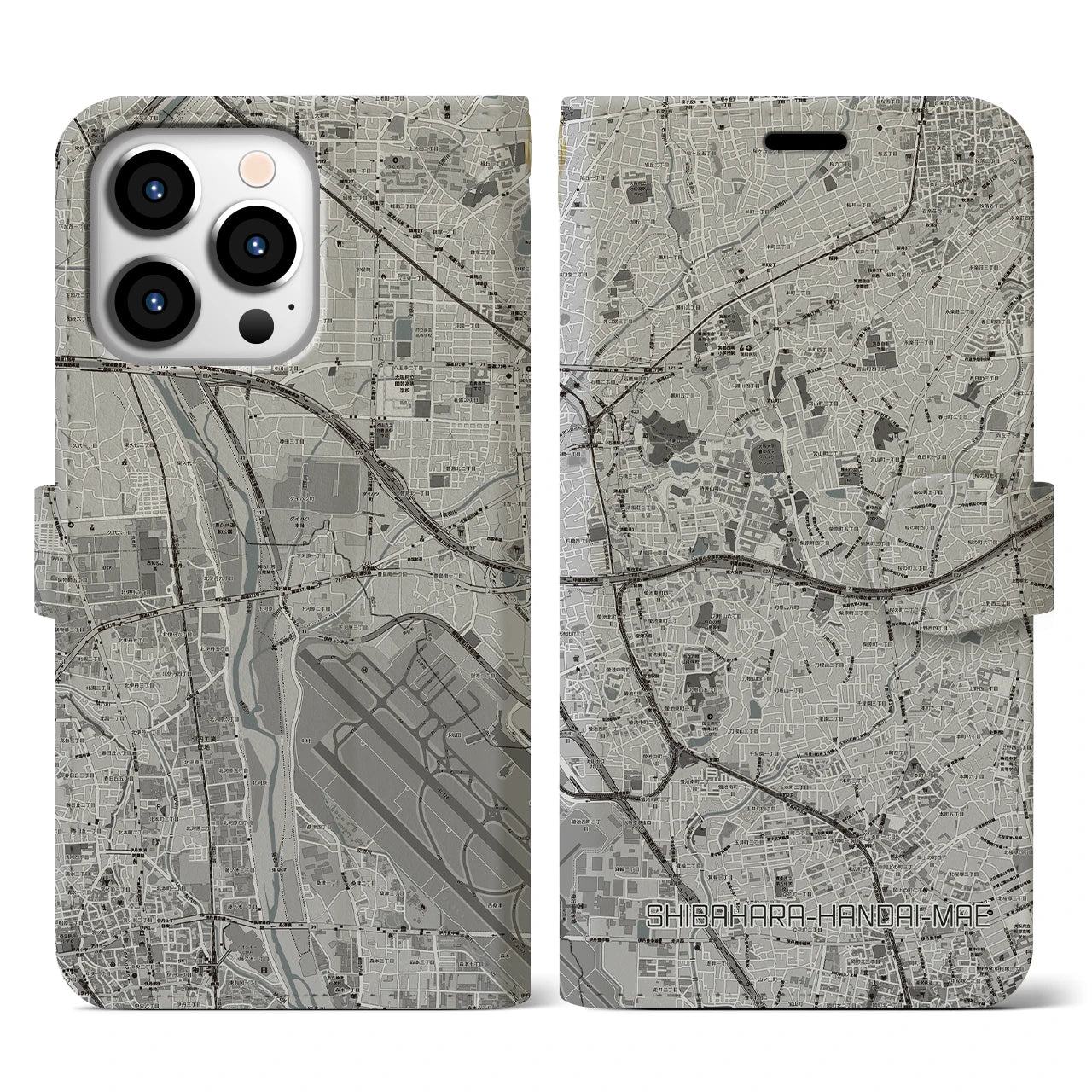 【柴原阪大前(大阪府)】地図柄iPhoneケース(手帳タイプ)モノトーン・iPhone 13 Pro 用