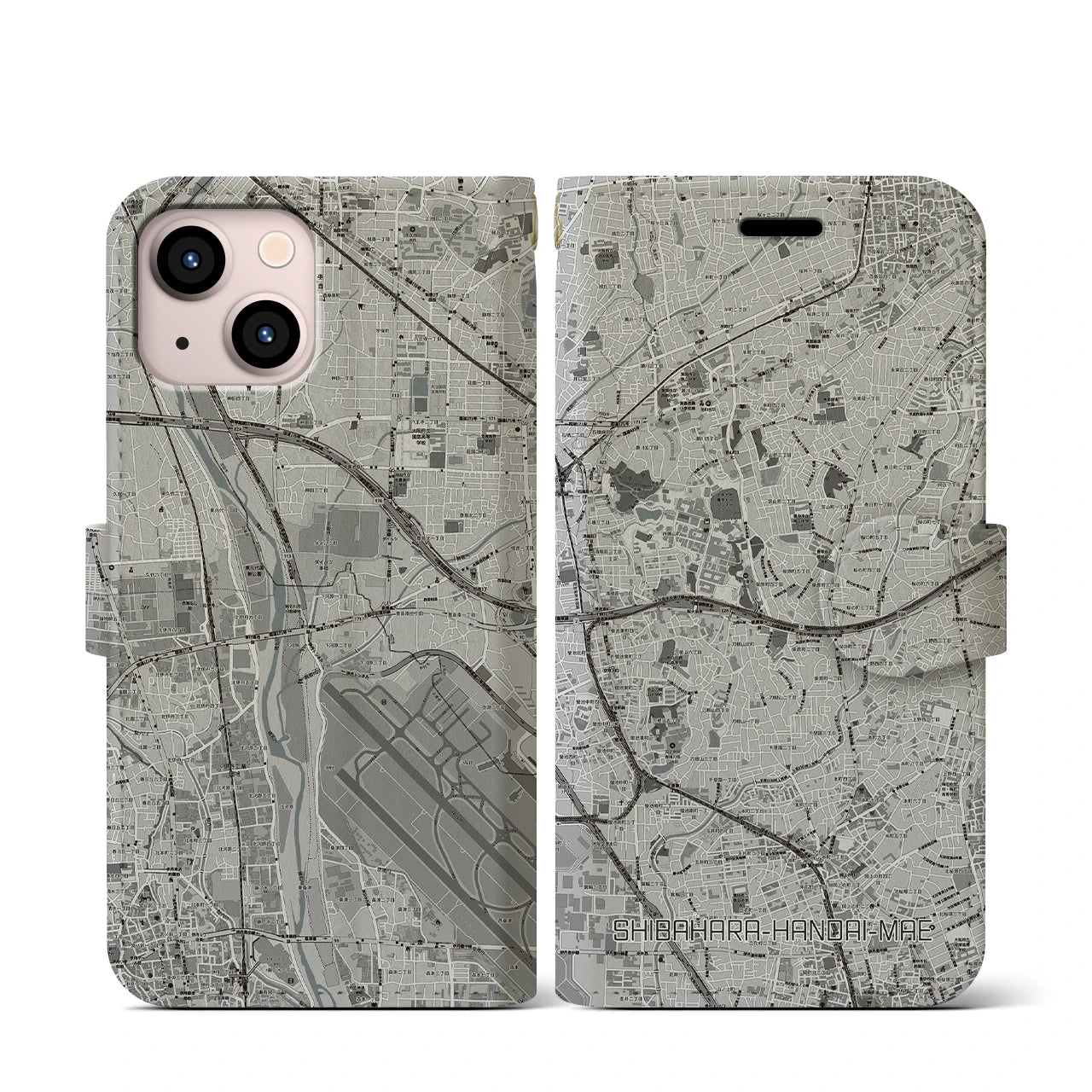 【柴原阪大前(大阪府)】地図柄iPhoneケース(手帳タイプ)モノトーン・iPhone 13 mini 用