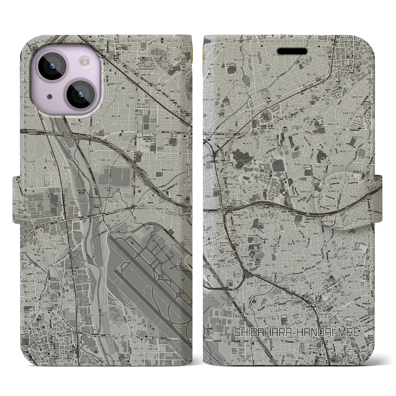【柴原阪大前(大阪府)】地図柄iPhoneケース(手帳タイプ)モノトーン・iPhone 14 用