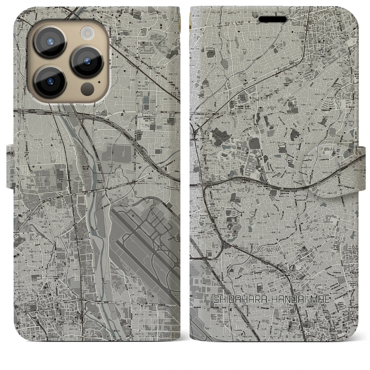 【柴原阪大前(大阪府)】地図柄iPhoneケース(手帳タイプ)モノトーン・iPhone 14 Pro Max 用