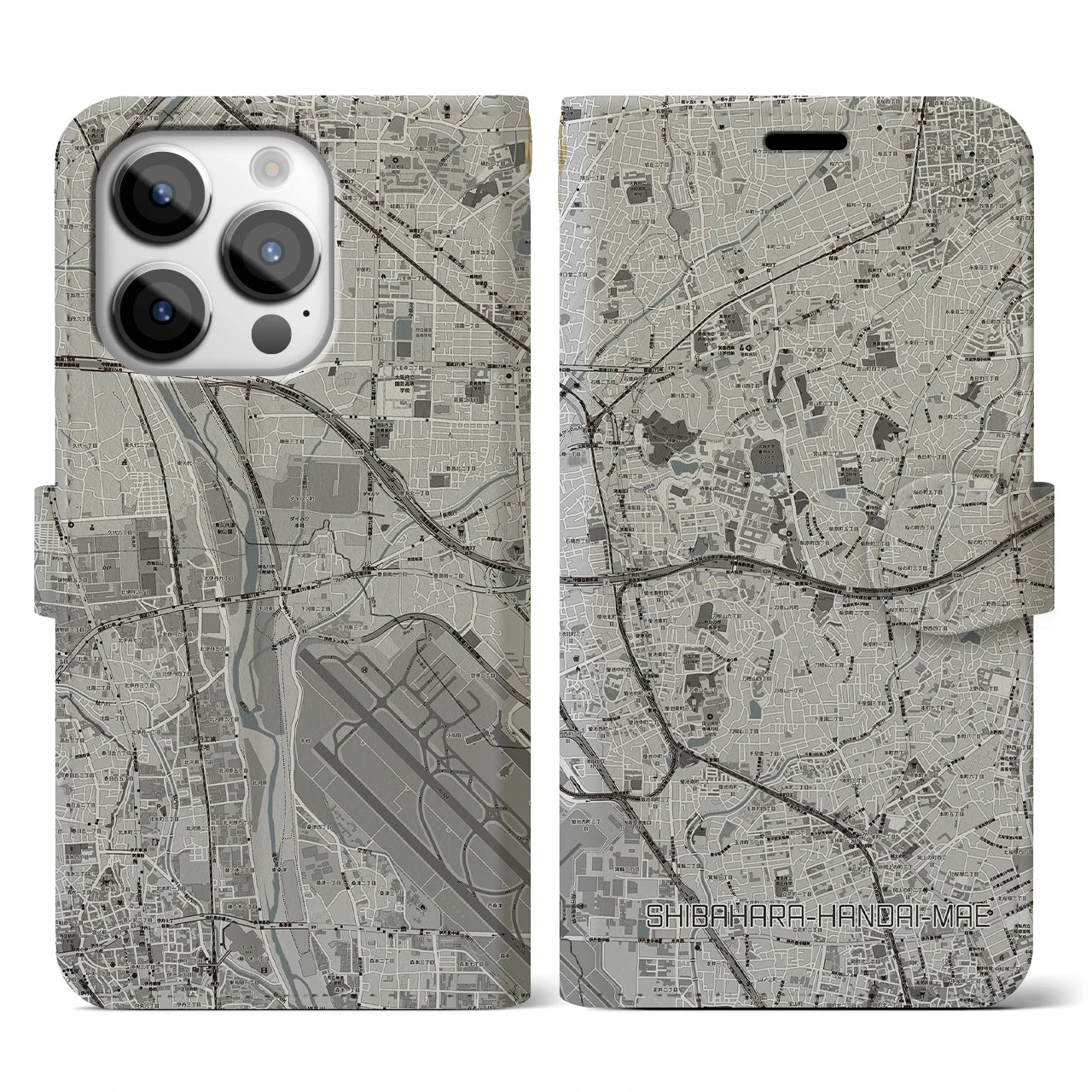 【柴原阪大前(大阪府)】地図柄iPhoneケース(手帳タイプ)モノトーン・iPhone 14 Pro 用