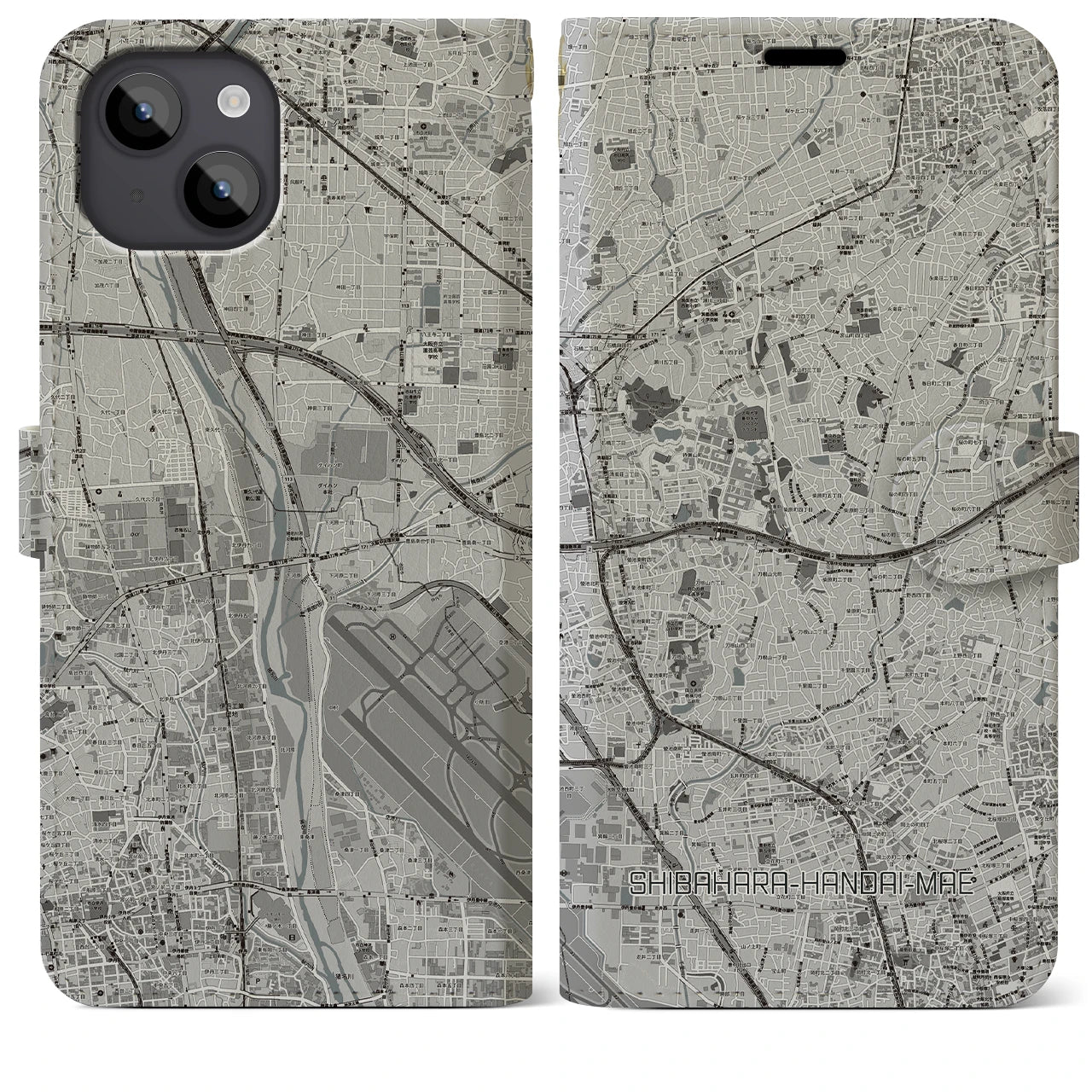 【柴原阪大前(大阪府)】地図柄iPhoneケース(手帳タイプ)モノトーン・iPhone 14 Plus 用