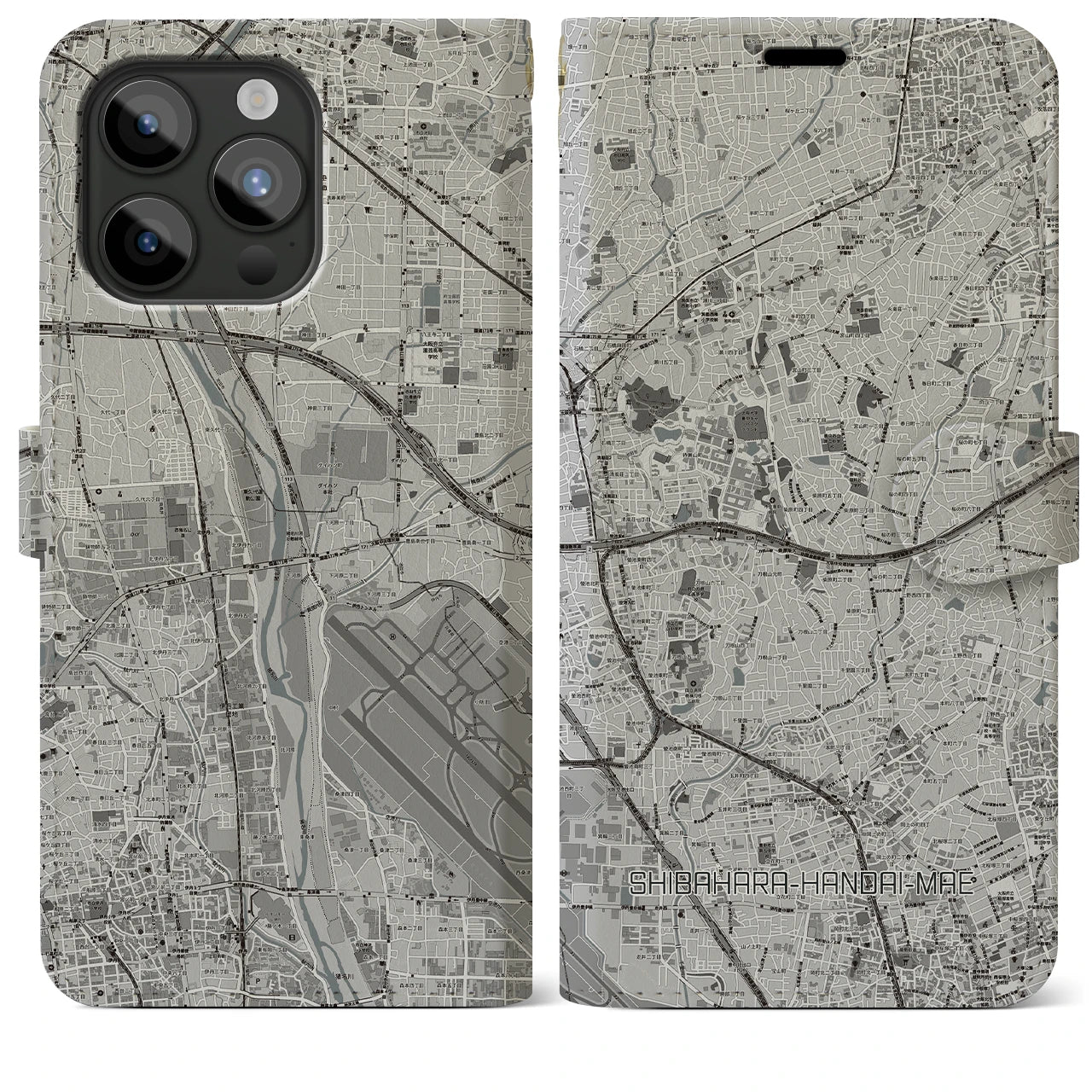 【柴原阪大前(大阪府)】地図柄iPhoneケース(手帳タイプ)モノトーン・iPhone 15 Pro Max 用