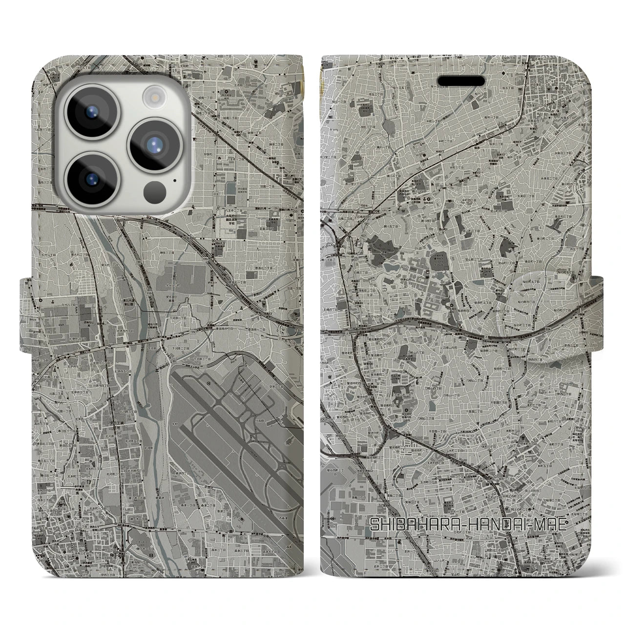 【柴原阪大前(大阪府)】地図柄iPhoneケース(手帳タイプ)モノトーン・iPhone 15 Pro 用