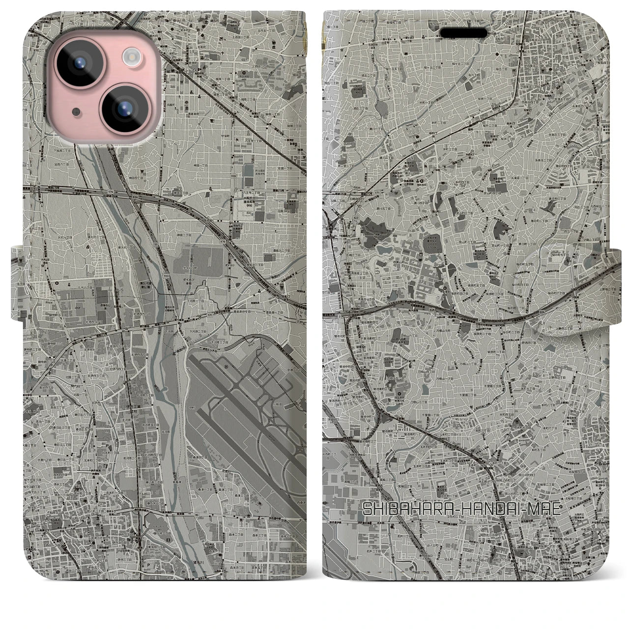 【柴原阪大前(大阪府)】地図柄iPhoneケース(手帳タイプ)モノトーン・iPhone 15 Plus 用