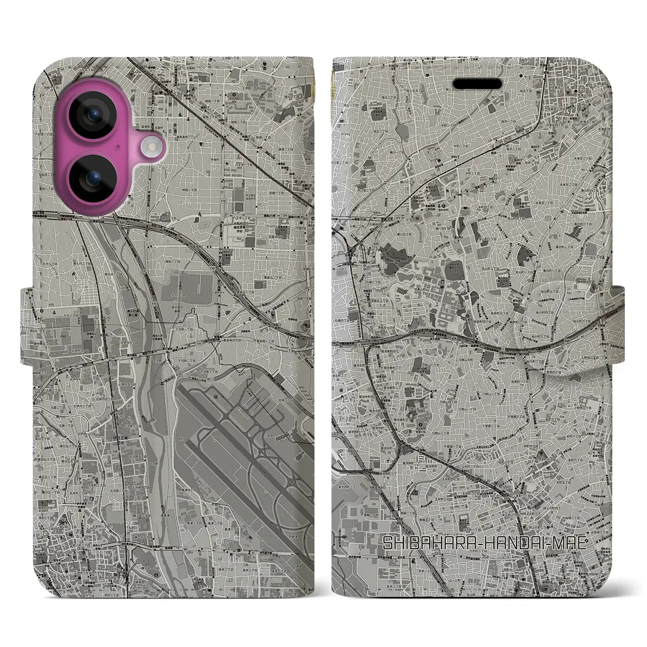 【柴原阪大前(大阪府)】地図柄iPhoneケース(手帳タイプ)モノトーン・iPhone 16 Pro 用