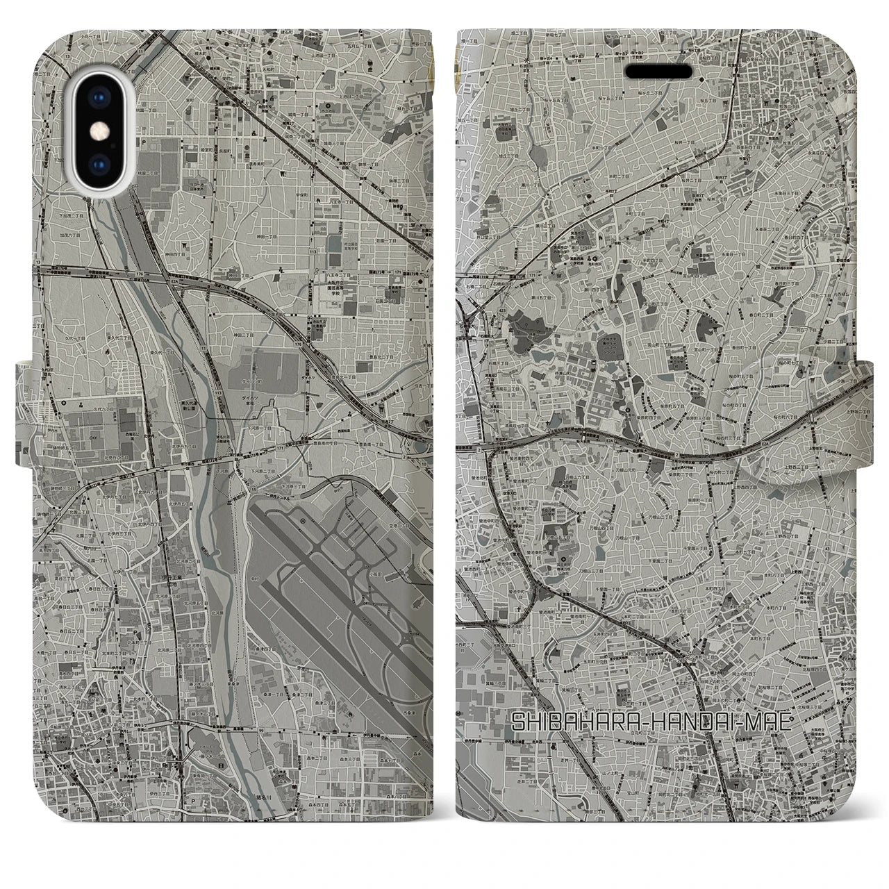 【柴原阪大前(大阪府)】地図柄iPhoneケース(手帳タイプ)モノトーン・iPhone XS Max 用