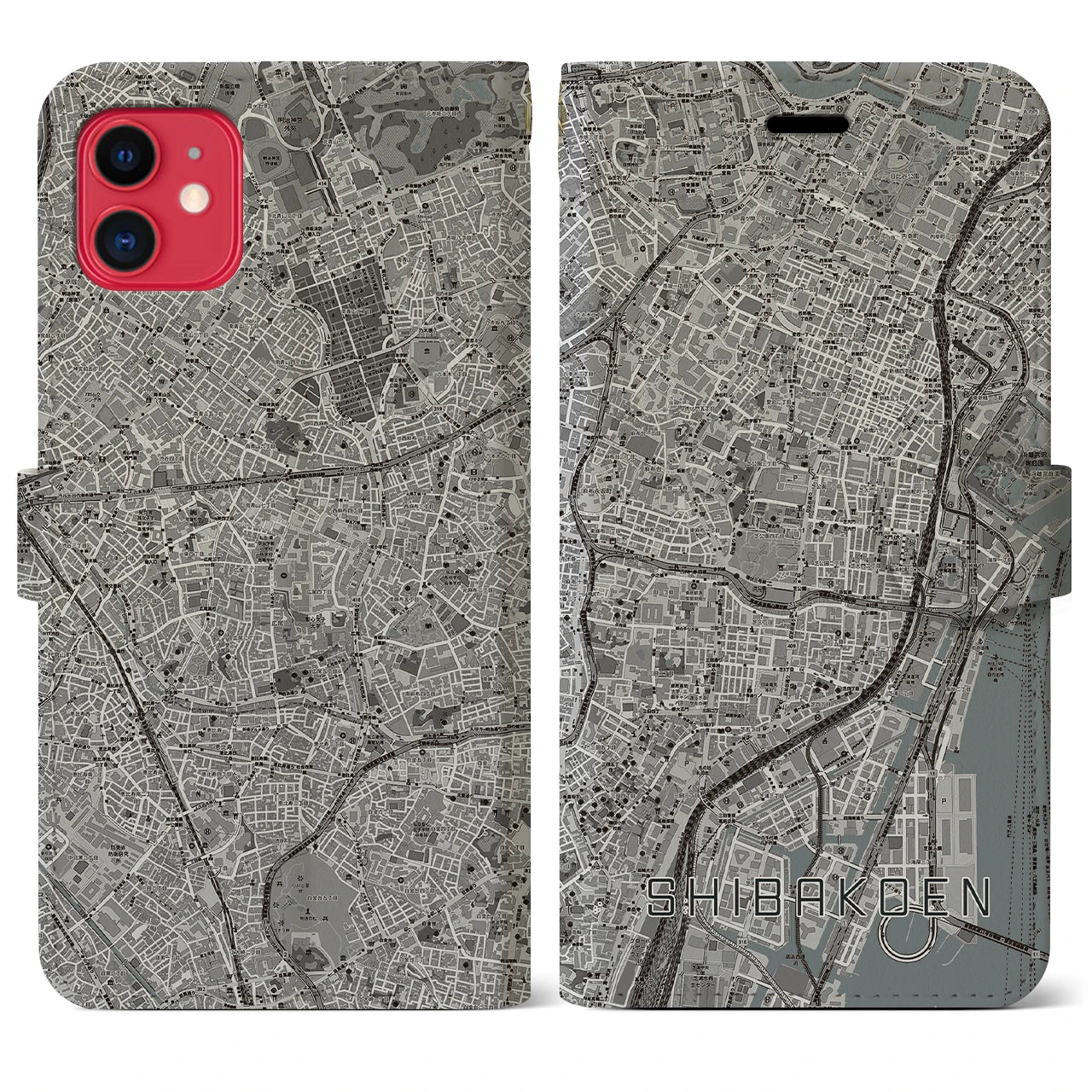 【芝公園(東京都)】地図柄iPhoneケース(手帳タイプ)モノトーン・iPhone 11 用