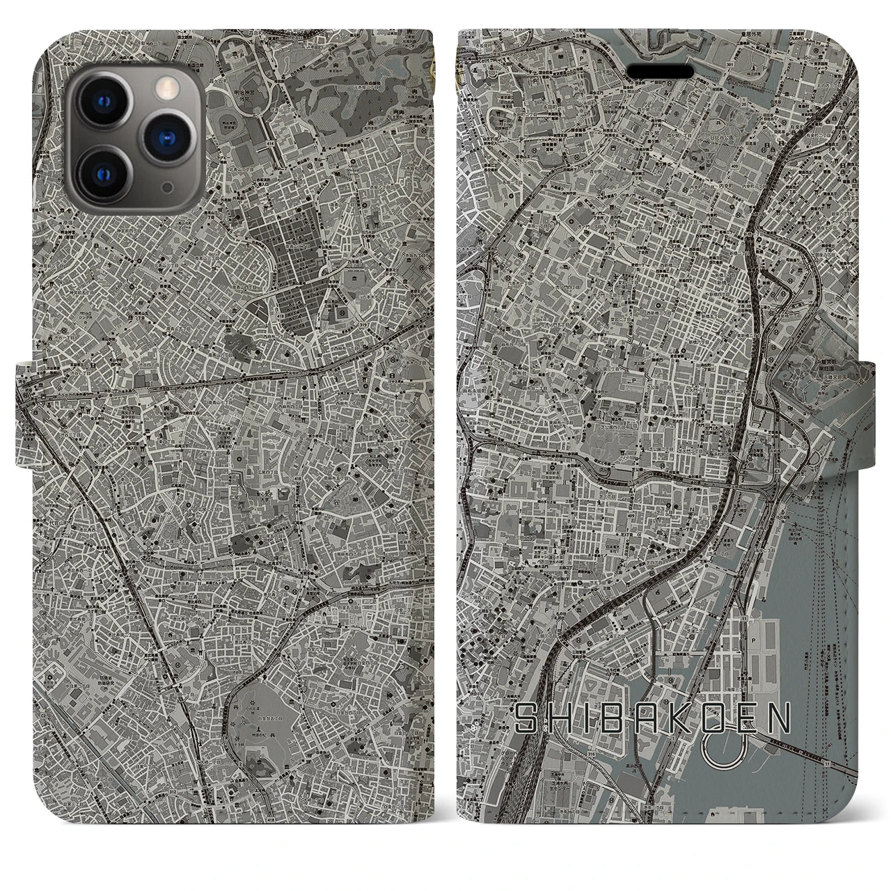 【芝公園(東京都)】地図柄iPhoneケース(手帳タイプ)モノトーン・iPhone 11 Pro Max 用