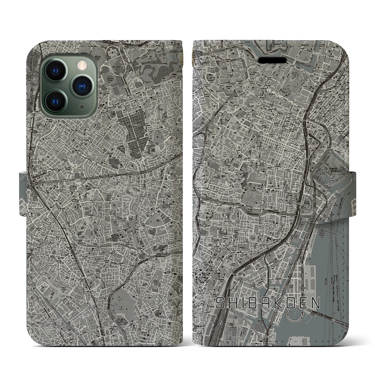 【芝公園(東京都)】地図柄iPhoneケース(手帳タイプ)モノトーン・iPhone 11 Pro 用