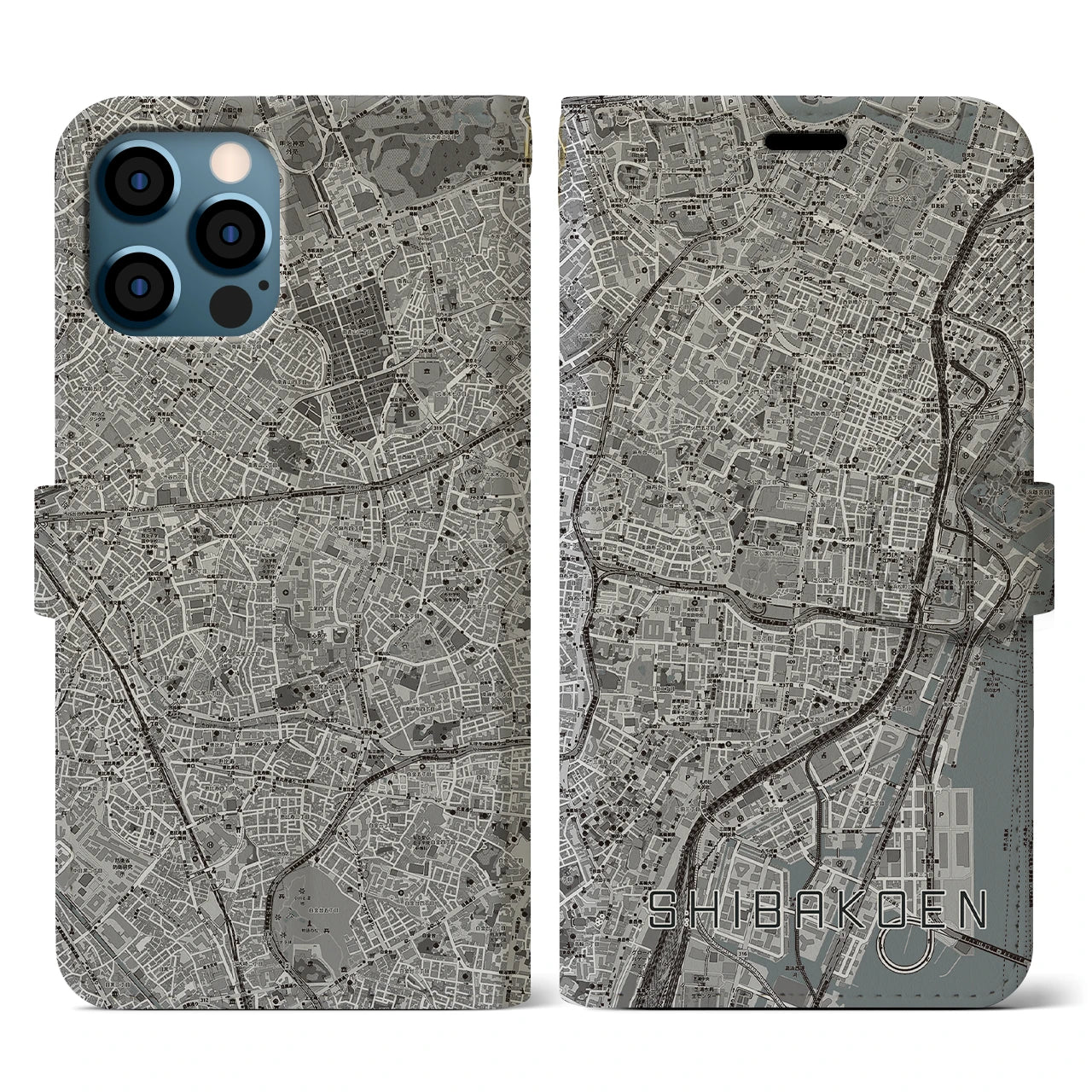 【芝公園(東京都)】地図柄iPhoneケース(手帳タイプ)モノトーン・iPhone 12 / 12 Pro 用