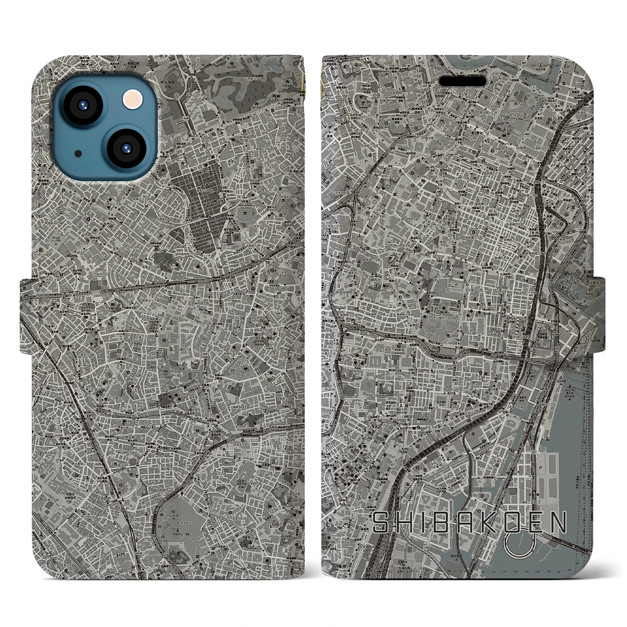 【芝公園(東京都)】地図柄iPhoneケース(手帳タイプ)モノトーン・iPhone 13 用
