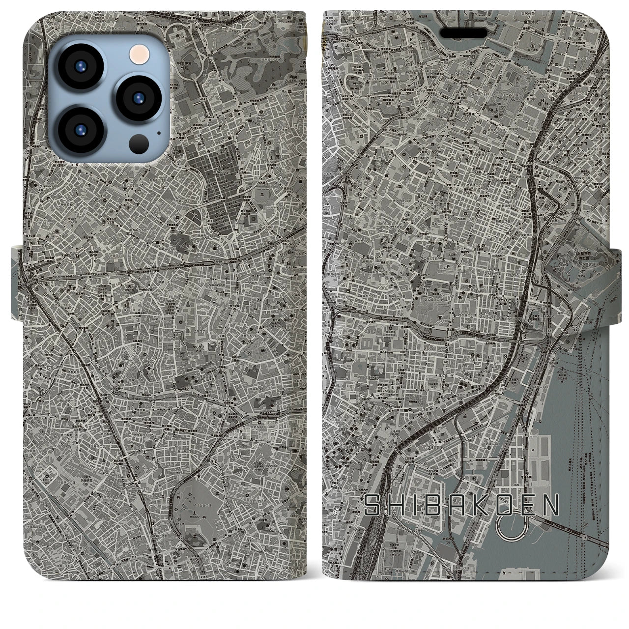 【芝公園(東京都)】地図柄iPhoneケース(手帳タイプ)モノトーン・iPhone 13 Pro Max 用