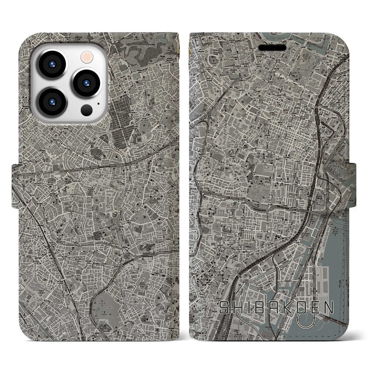 【芝公園(東京都)】地図柄iPhoneケース(手帳タイプ)モノトーン・iPhone 13 Pro 用