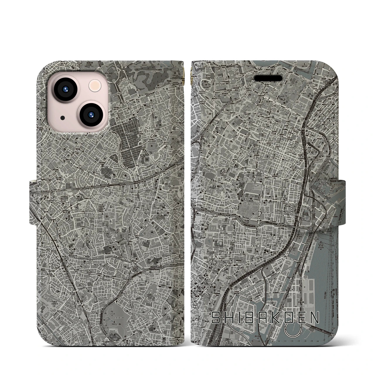 【芝公園(東京都)】地図柄iPhoneケース(手帳タイプ)モノトーン・iPhone 13 mini 用