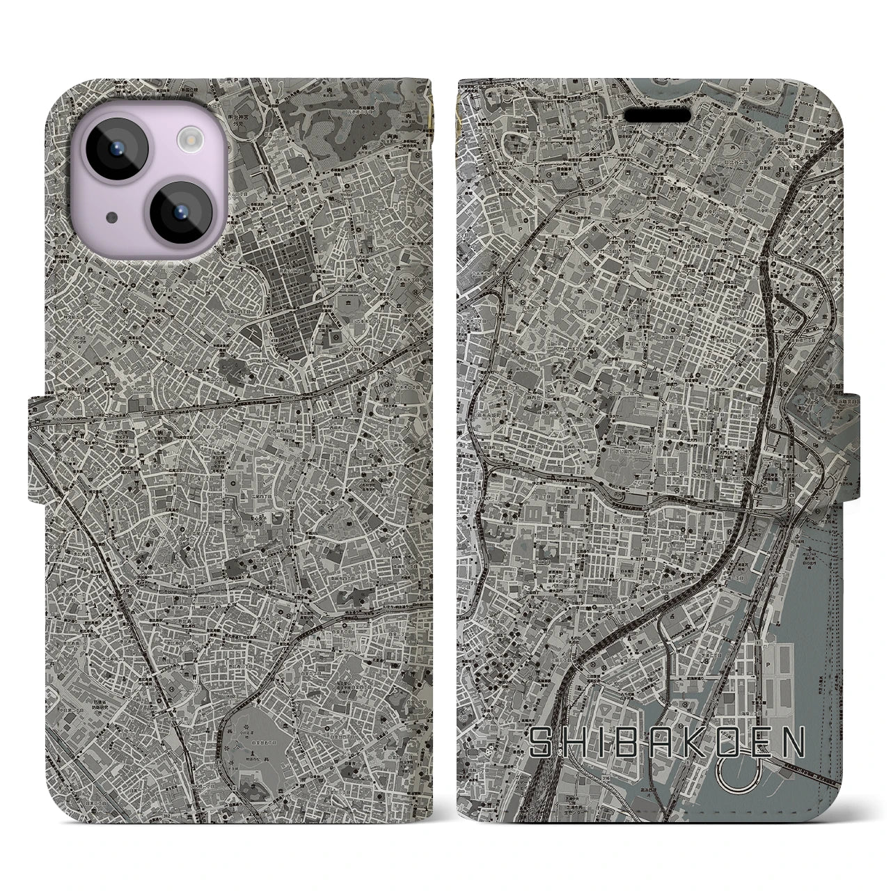 【芝公園(東京都)】地図柄iPhoneケース(手帳タイプ)モノトーン・iPhone 14 用