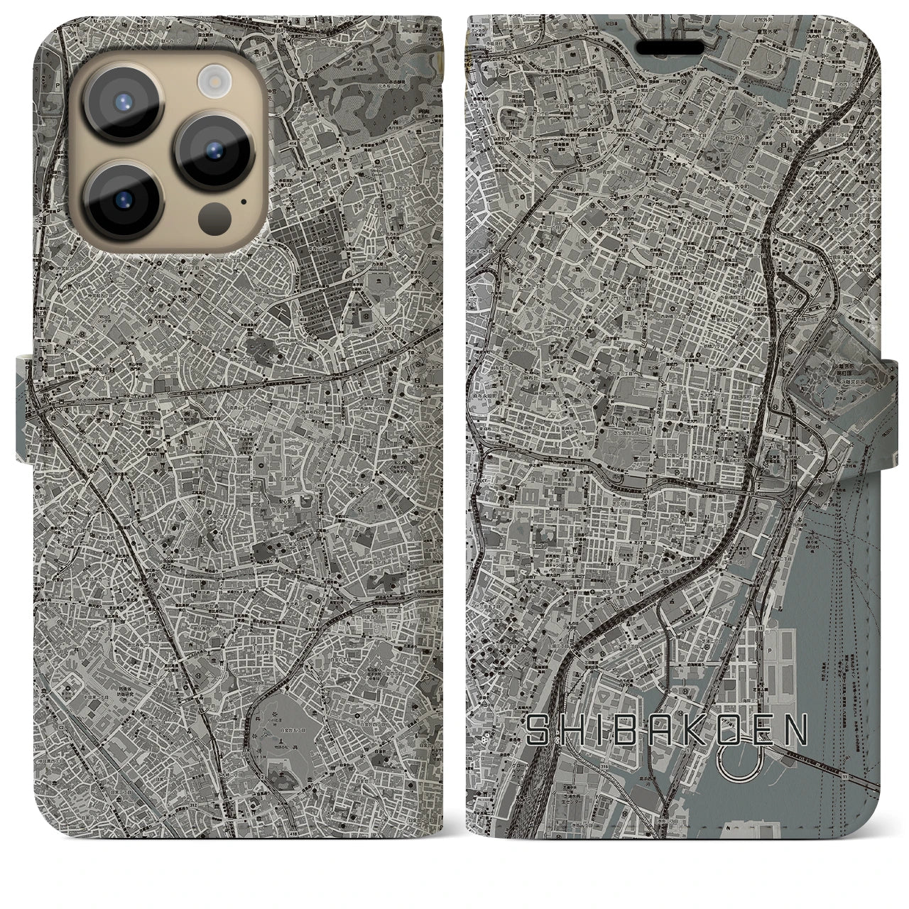 【芝公園(東京都)】地図柄iPhoneケース(手帳タイプ)モノトーン・iPhone 14 Pro Max 用
