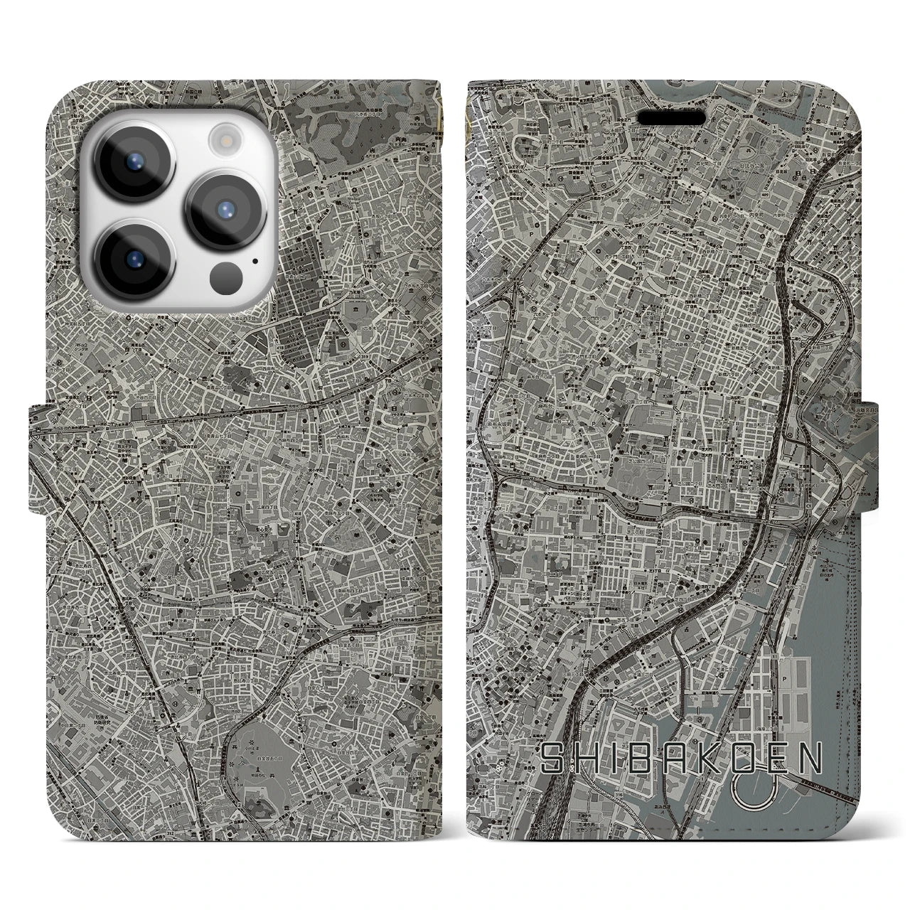 【芝公園(東京都)】地図柄iPhoneケース(手帳タイプ)モノトーン・iPhone 14 Pro 用