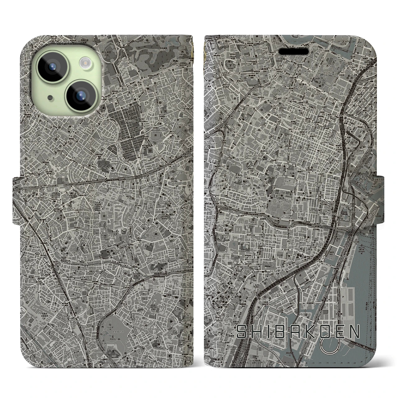 【芝公園(東京都)】地図柄iPhoneケース(手帳タイプ)モノトーン・iPhone 15 用