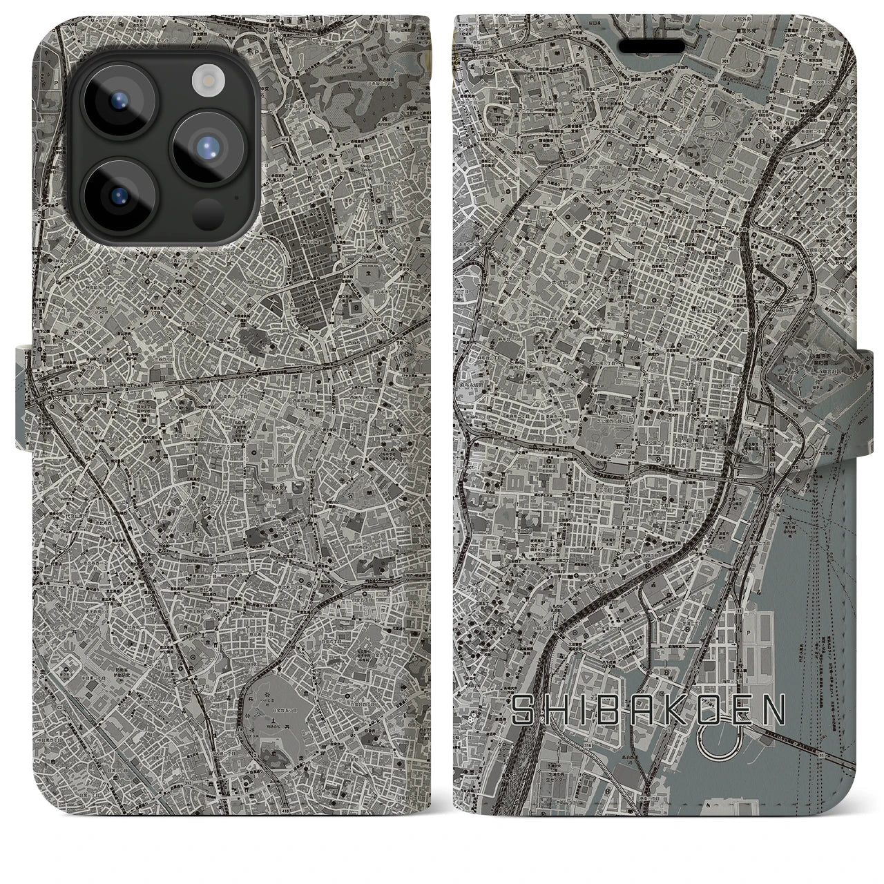 【芝公園(東京都)】地図柄iPhoneケース(手帳タイプ)モノトーン・iPhone 15 Pro Max 用